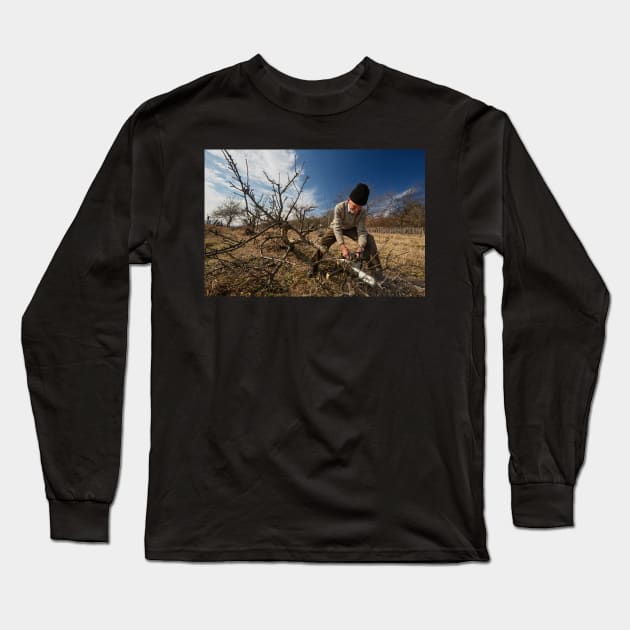 Senior farmer trimming trees Long Sleeve T-Shirt by naturalis